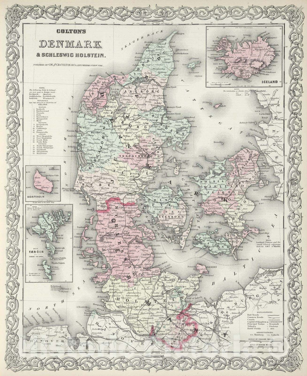 Historic Map : 1874 Denmark. - Vintage Wall Art