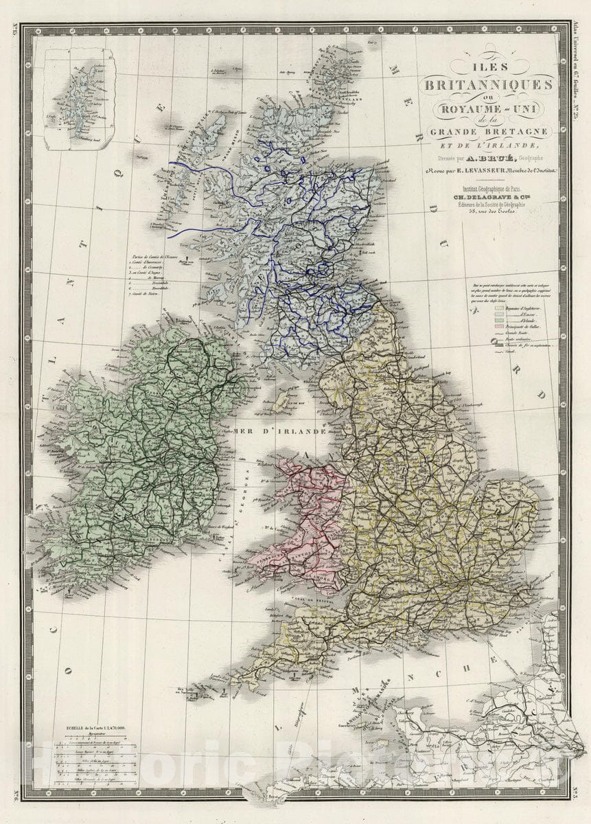 Historic Map : Ireland; England; Scotland; Wales, Great Britain 1875 Iles Britanniques. , Vintage Wall Art