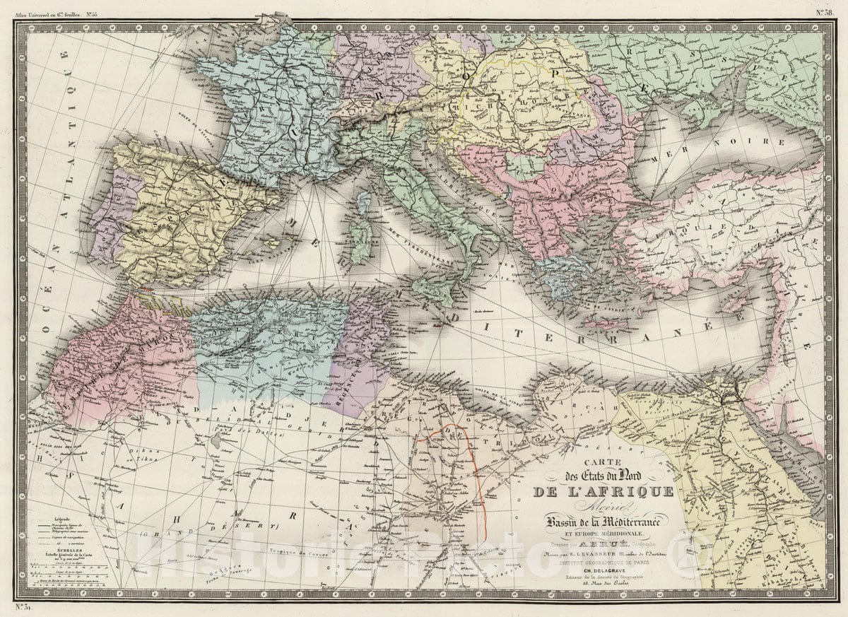 Historic Map : Southern Europe 1875 Nord de l'Afrique, Mediterranee. , Vintage Wall Art