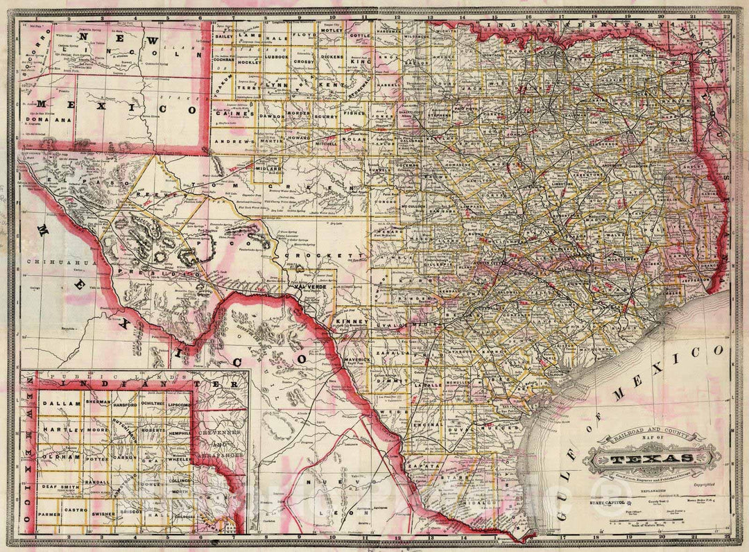 Historic Map : 1887 Railroad And County Map Of Texas - Vintage Wall Art