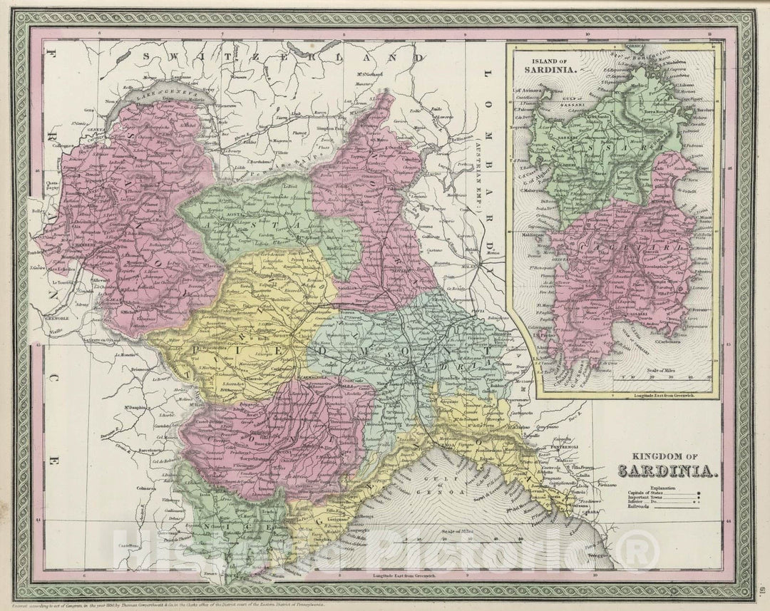 Historic Map : 1855 Kingdom of Sardinia - Vintage Wall Art