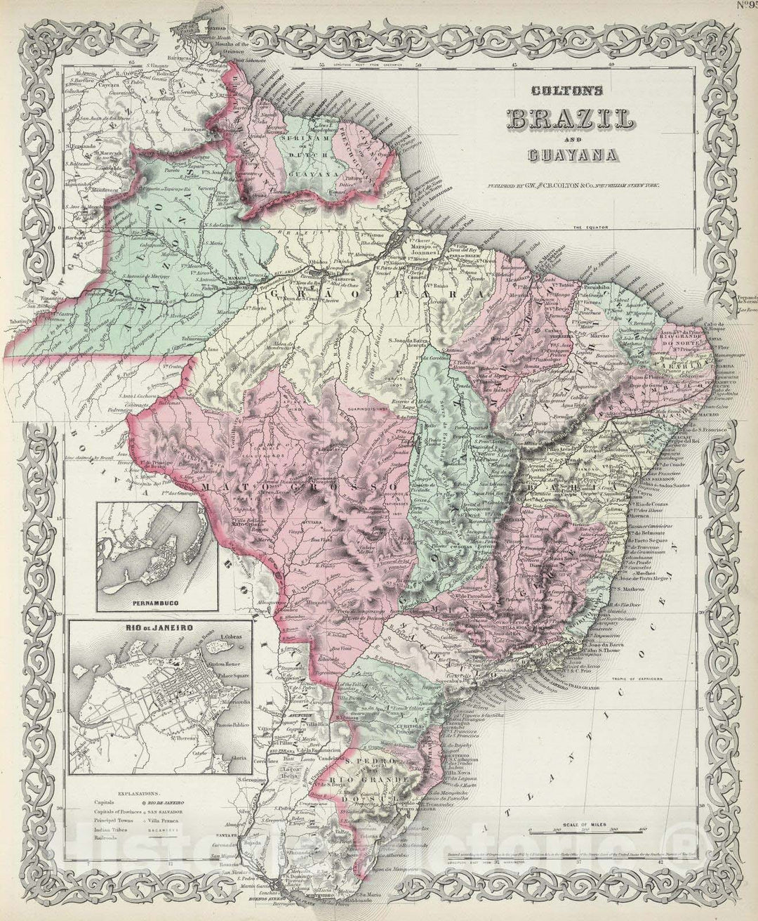 Historic Map : 1874 Brazil and Guayana. - Vintage Wall Art