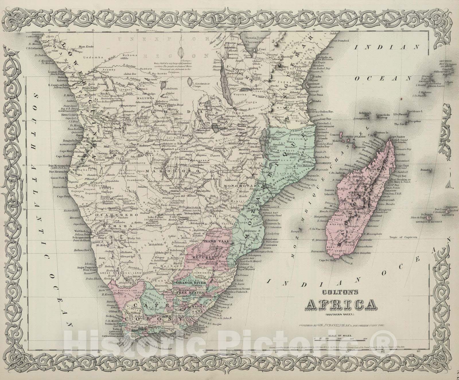 Historic Map : 1874 Southern Africa. - Vintage Wall Art