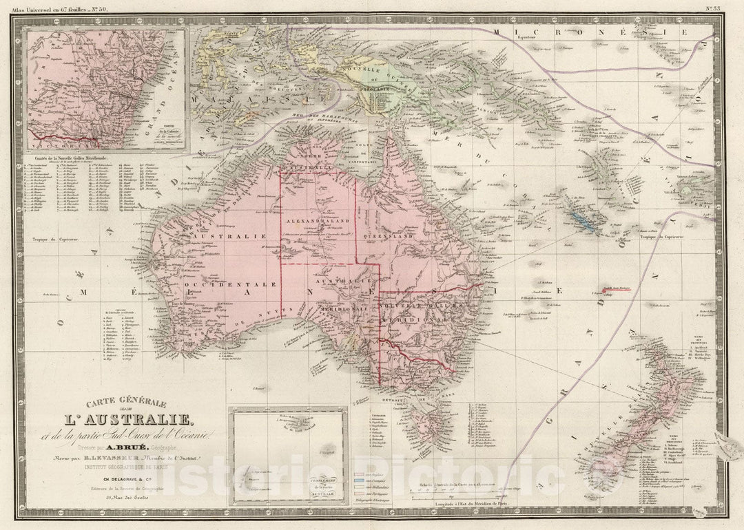 Historic Map : Australia; New Zealand; Guinea; Caledonia, 1875 Australie, Nouvelle-Zelande. , Vintage Wall Art