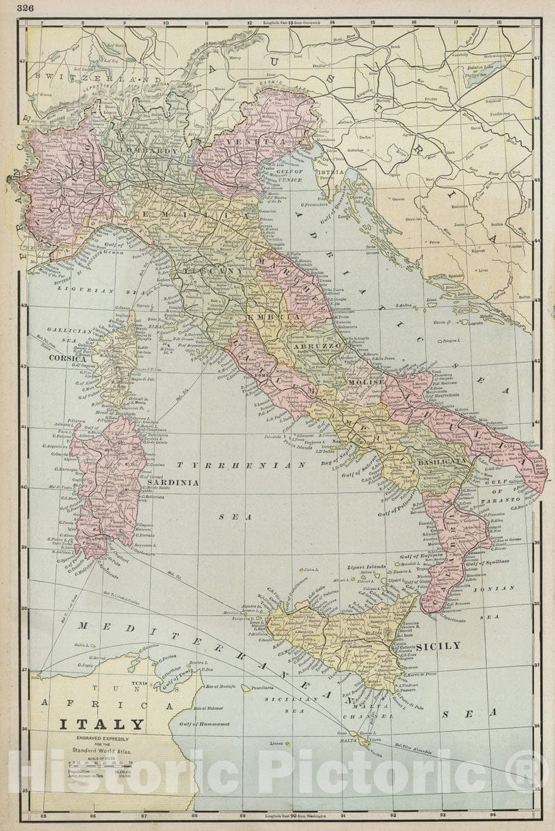 Historic Map : 1889 Italy : Vintage Wall Art