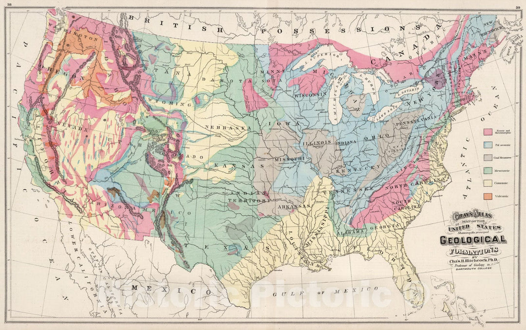 Historic Map : 1874 Geological Formations of the United States. - Vintage Wall Art