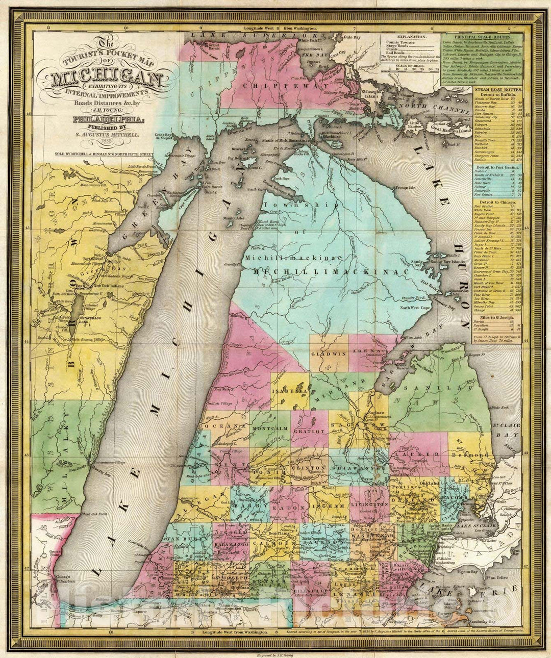 Historic Map : 1835 Tourist's Pocket Map Of Michigan - Vintage Wall Art