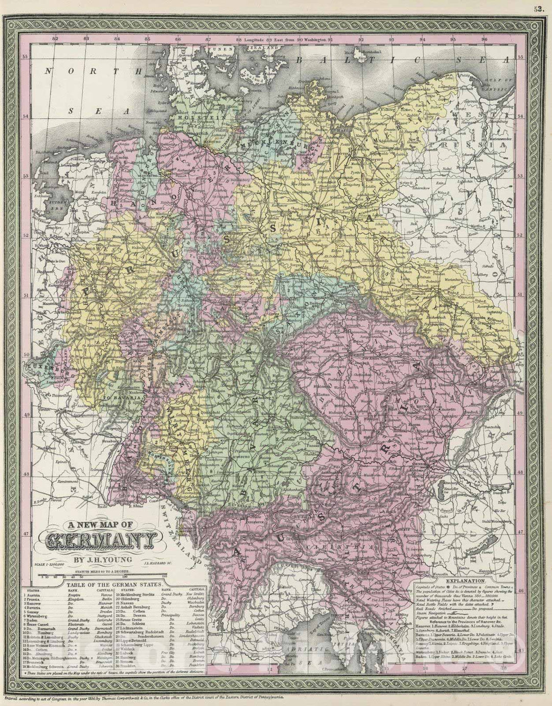 Historic Map : 1855 New map of Germany - Vintage Wall Art