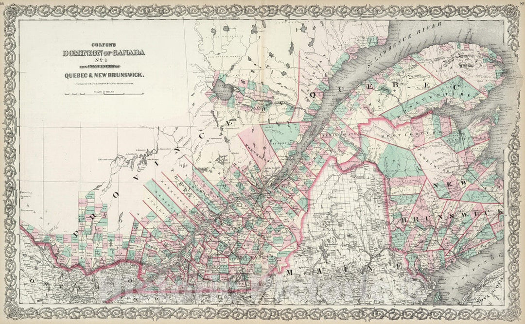 Historic Map : 1874 Canada. Quebec & New Brunswick. - Vintage Wall Art