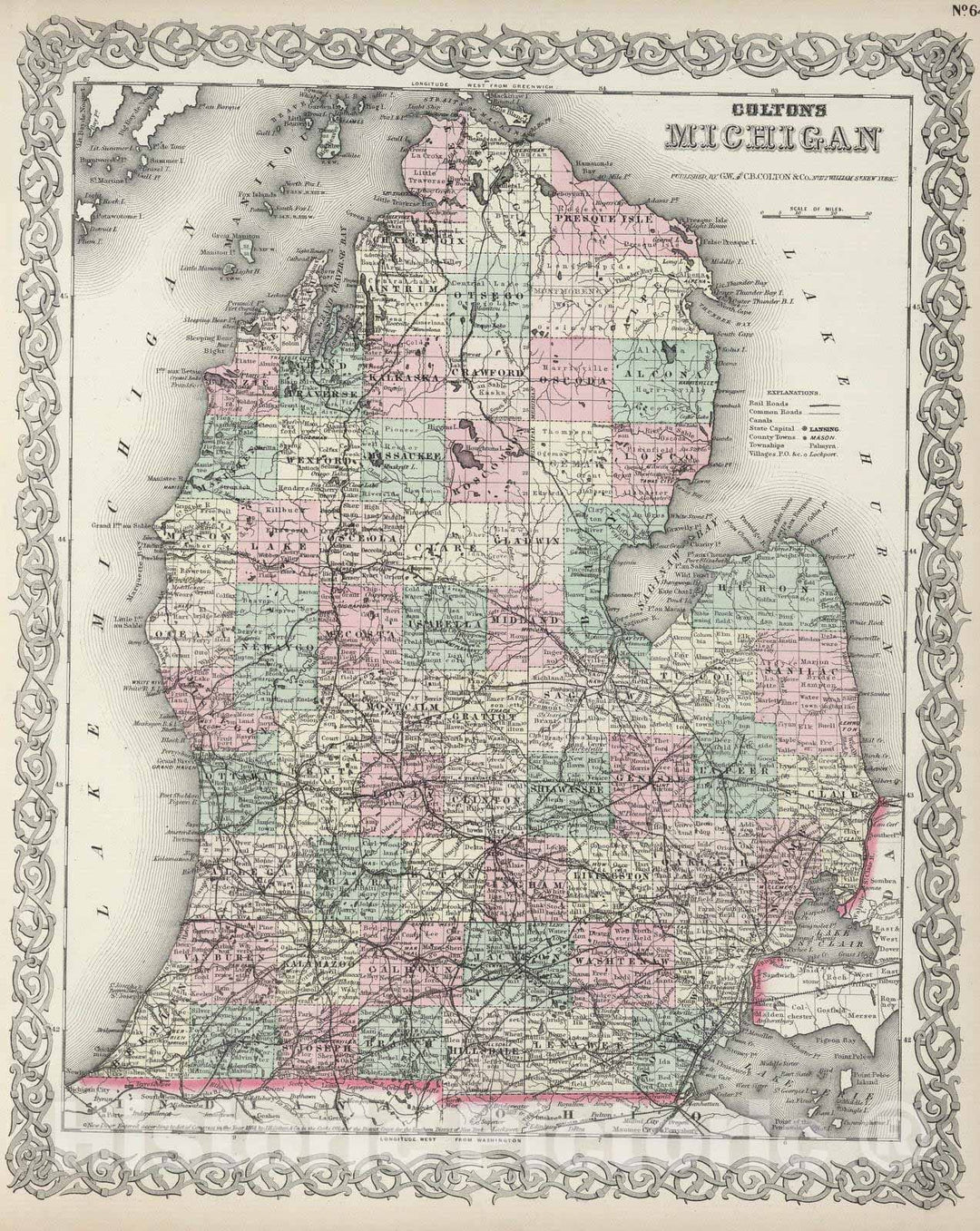 Historic Map : 1874 Michigan. v2 - Vintage Wall Art