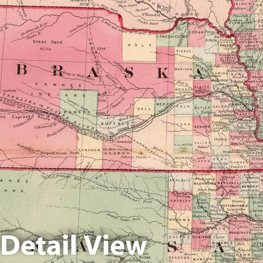 Historic Map : 1866 State of Kansas, and Nebraska and Indian Territories. - Vintage Wall Art