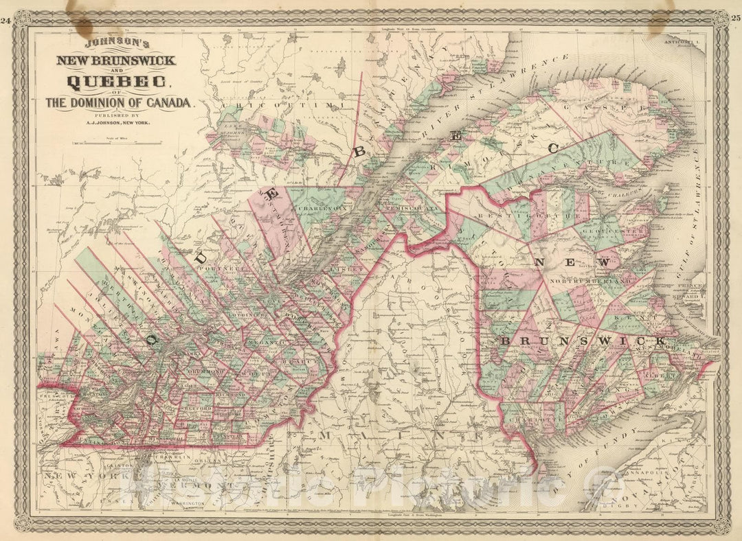 Historic Map : 1886 New Brunswick and Quebec. - Vintage Wall Art