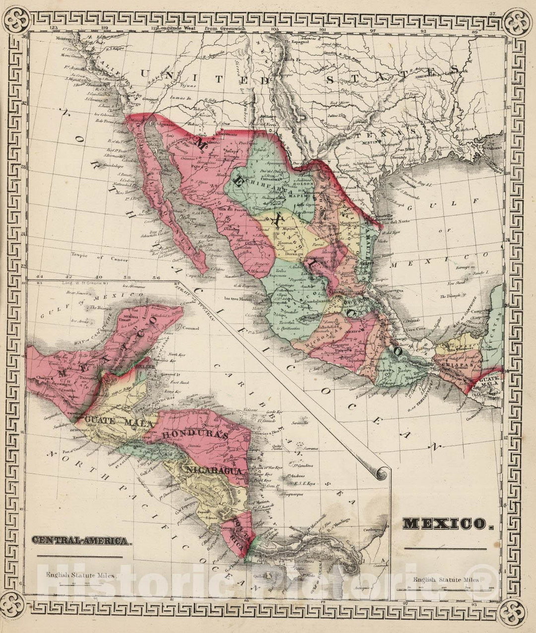 Historic Map : 1865 Mexico. Central America. - Vintage Wall Art