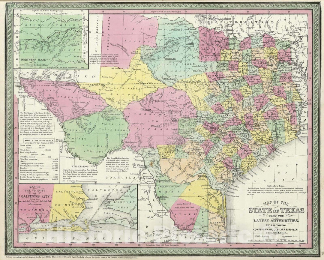 Historic Map : 1855 Map of the State of Texas - Vintage Wall Art