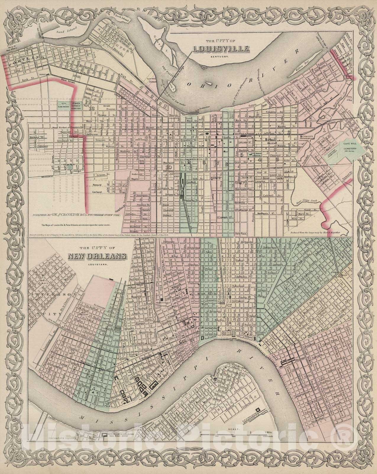 Historic Map : 1874 Louisville, Kentucky. New Orleans, Louisiana. - Vintage Wall Art