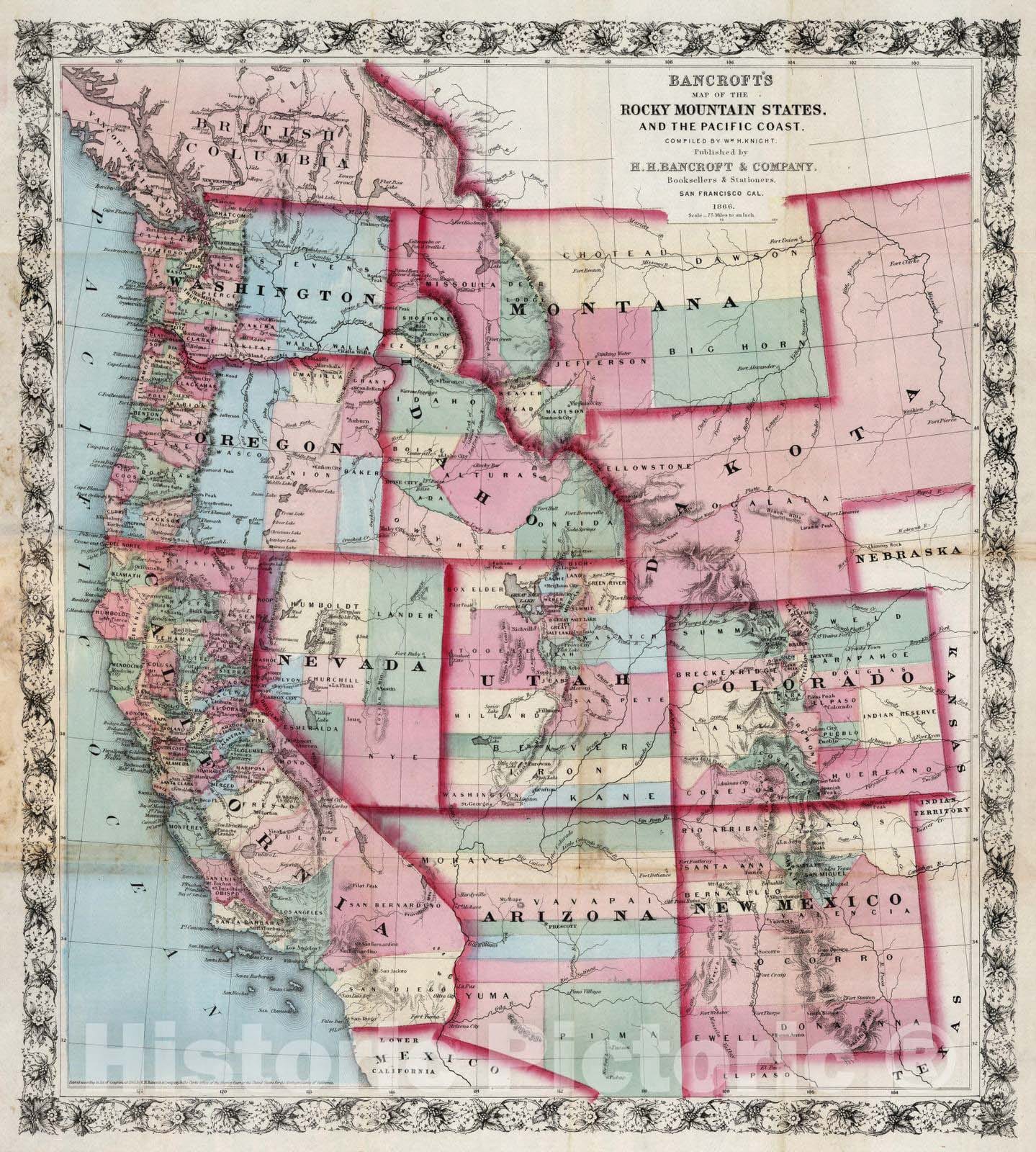 Historic Map : 1866 Rocky Mountain State, Pacific Coast - Vintage Wall Art