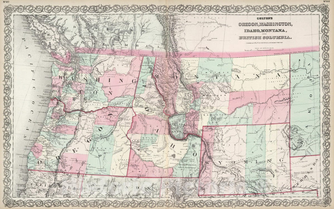 Historic Map : 1874 Oregon, Washington, Idaho, Montana, British Columbia. - Vintage Wall Art