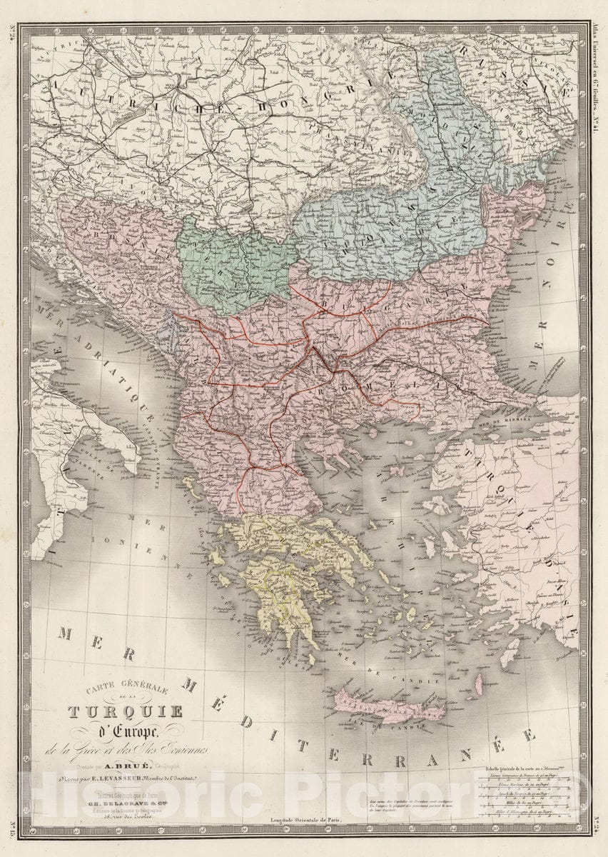 Historic Map : Greece; Macedonia; Bulgaria; Alabania, 1875 Turquie d'Europe, Grece, Roumanie, Servie, Montenegro. , Vintage Wall Art