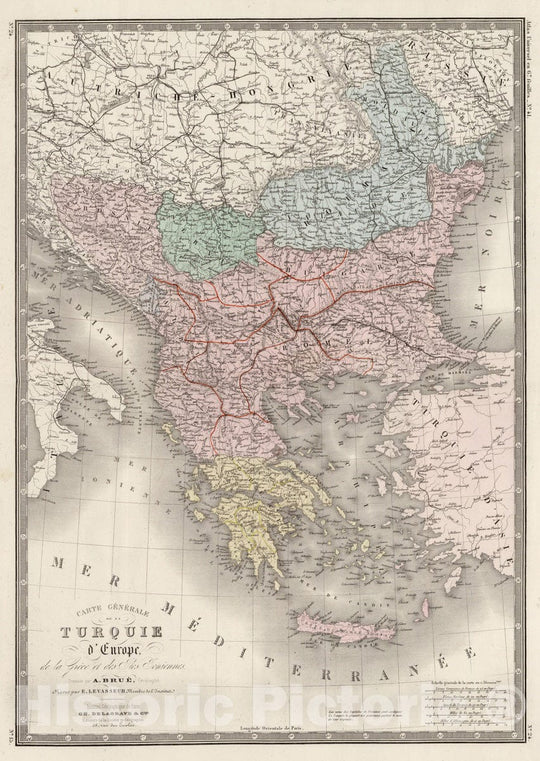 Historic Map : Greece; Macedonia; Bulgaria; Alabania, 1875 Turquie d'Europe, Grece, Roumanie, Servie, Montenegro. , Vintage Wall Art