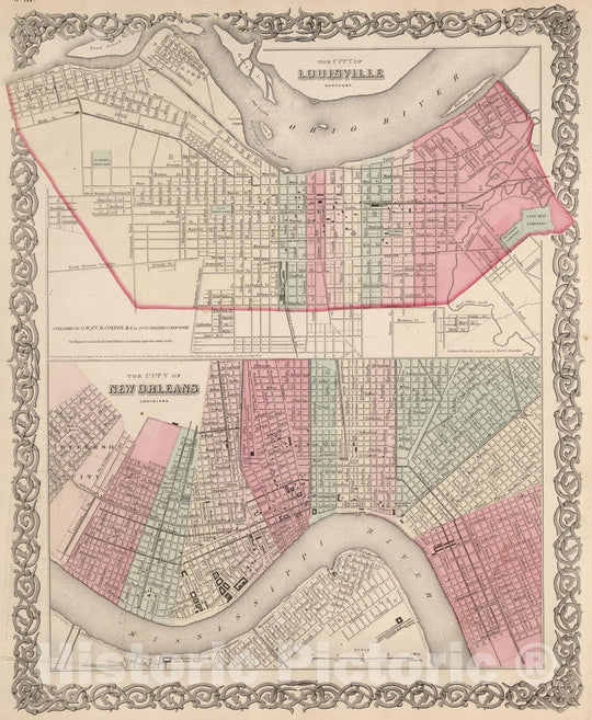 Historic Map : 1866 Louisville, Kentucky. New Orleans, Louisiana. - Vintage Wall Art