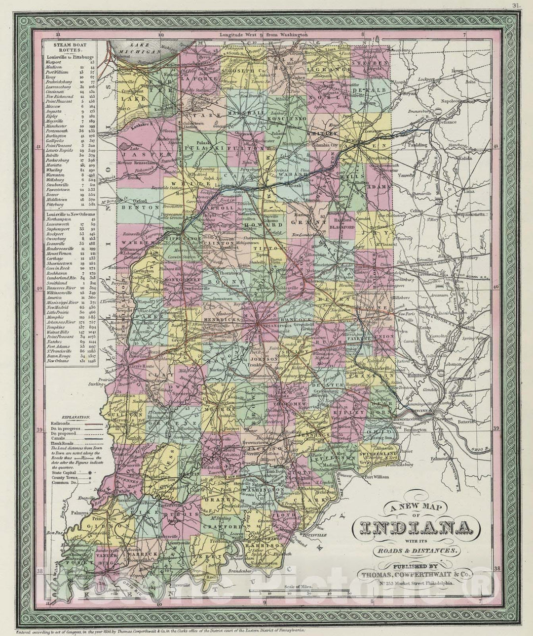 Historic Map : 1855 A new map of Indiana - Vintage Wall Art