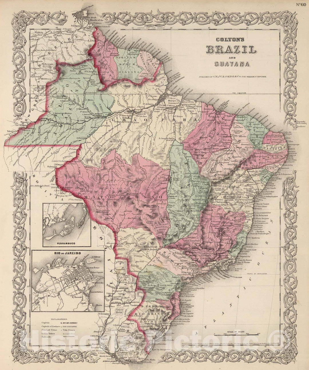 Historic Map : 1866 Brazil and Guayana. - Vintage Wall Art