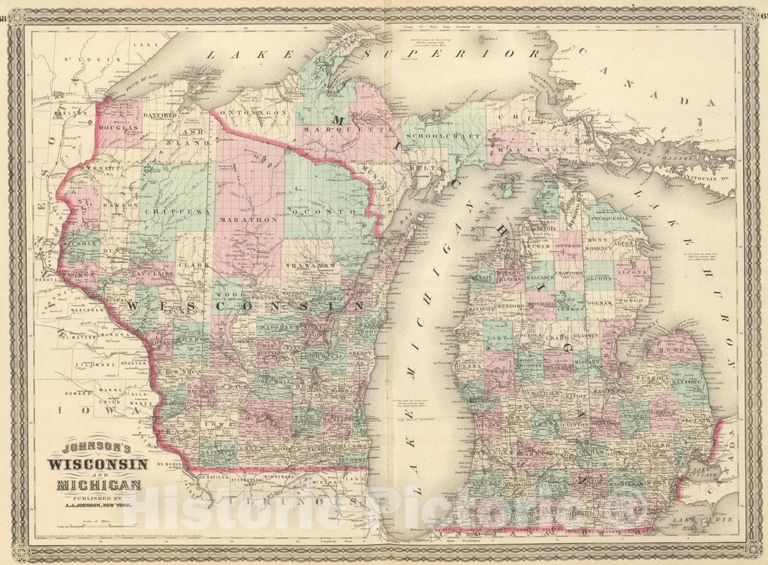 Historic Map : 1886 Wisconsin and Michigan. - Vintage Wall Art