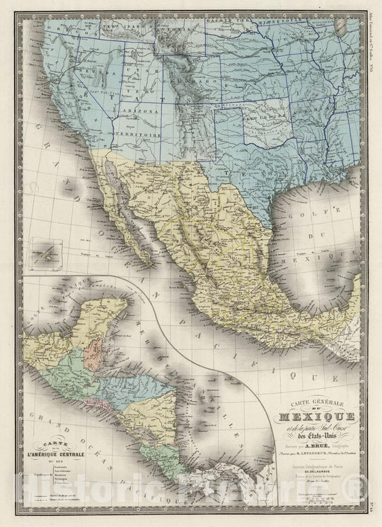 Historic Map : United States; Mexico; Nicaragua; Costa Rica, , Central America 1875 Mexique, Republique de l'Amerique Centrale, Sud-Ouest Etats-Unis. , Vintage Wall Art