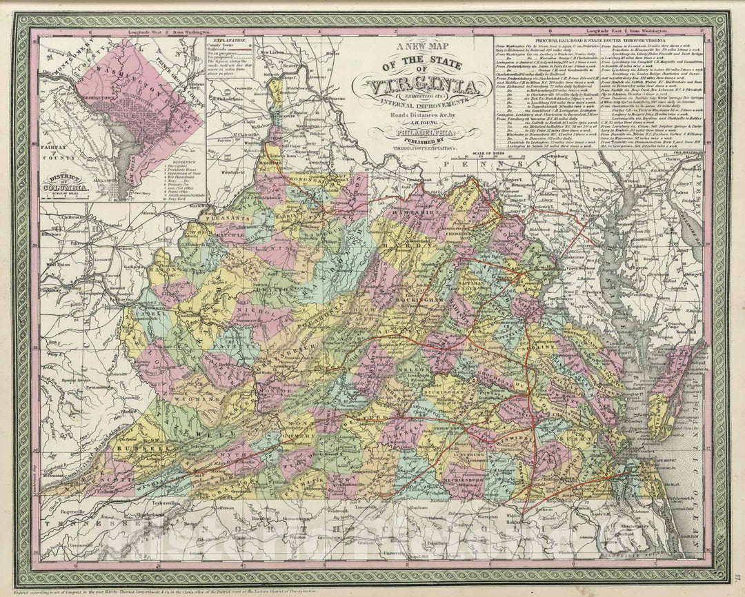 Historic Map : 1855 A new map of the State of Virginia - Vintage Wall Art