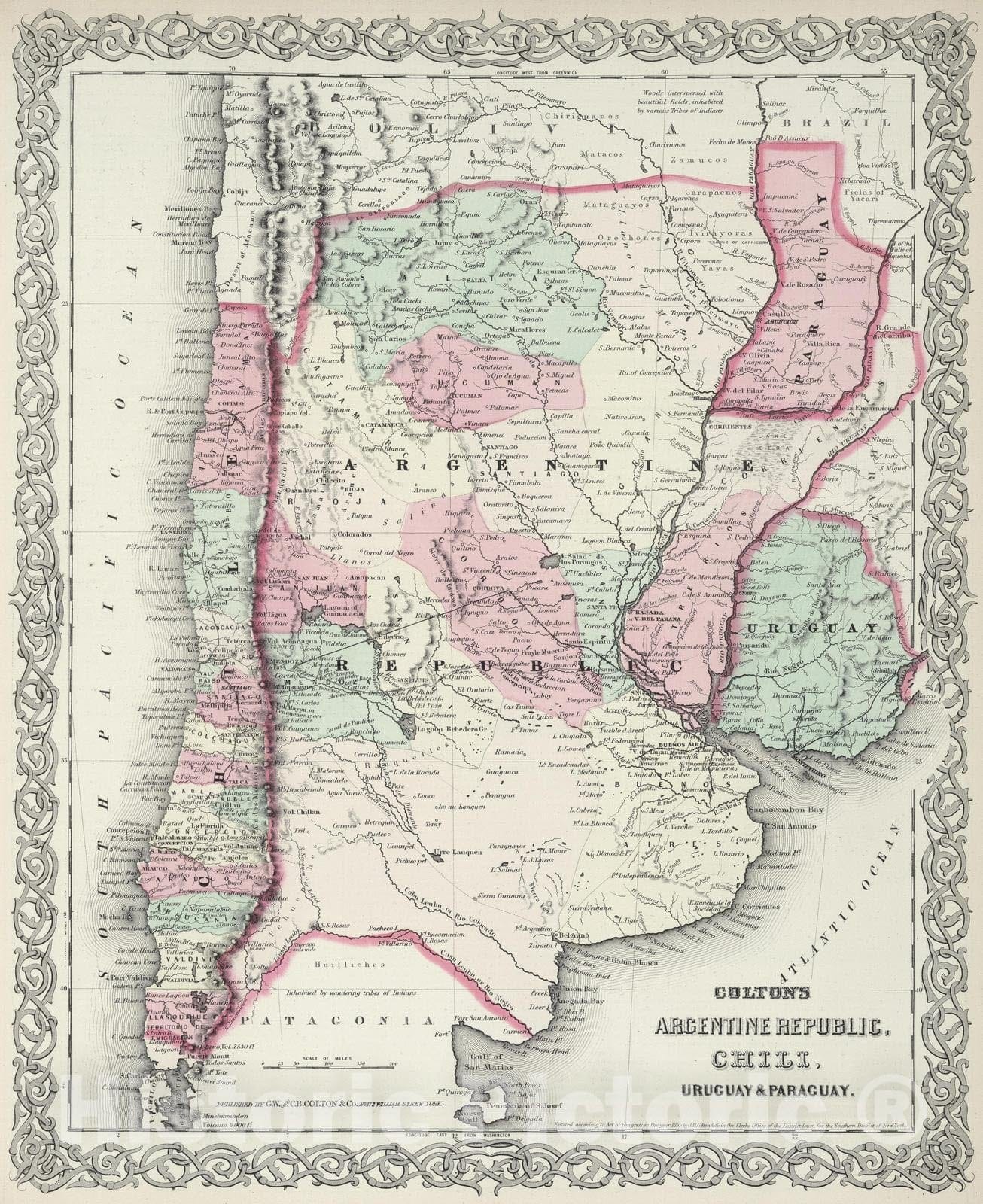 Historic Map : 1874 Argentine Republic, Chili, Uruguay, Paraguay. - Vintage Wall Art