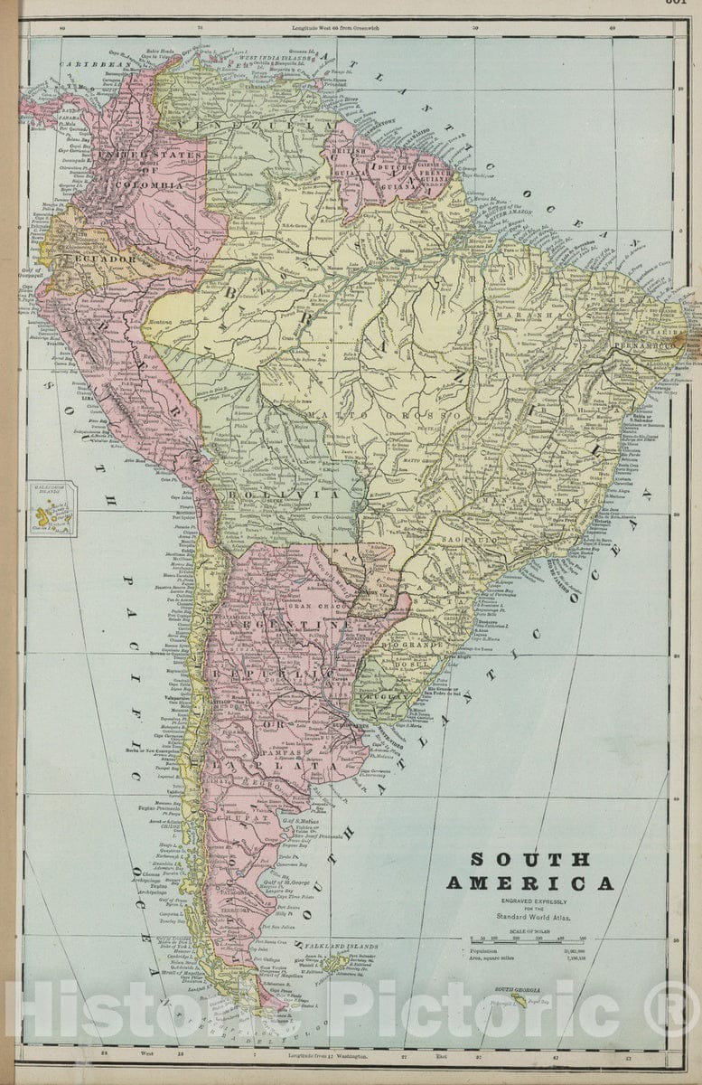 Historic Map : 1889 South America. - Vintage Wall Art