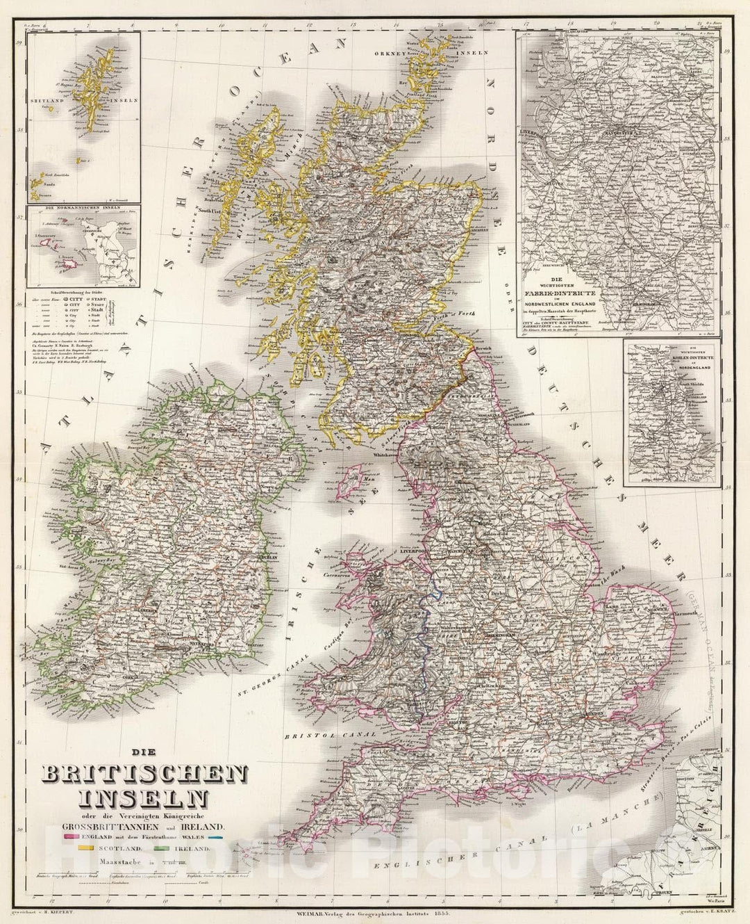 Historic Map : England; Scotland, British Isles 1855 Britischen Inseln. , Vintage Wall Art