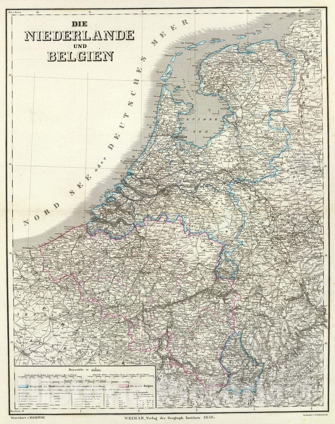 Historic Map : Belgium; Netherlands, Benelux countries 1856 Niederlande, Belgien. , Vintage Wall Art