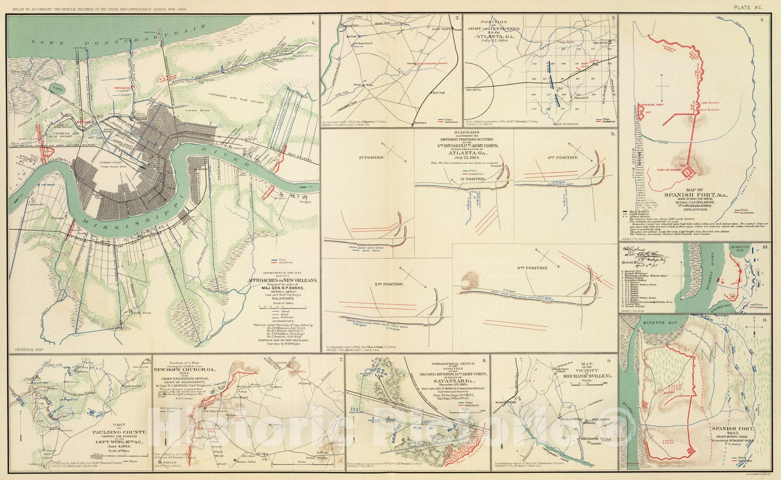 Historic Map : Military Atlas - 1895 Approaches to New Orleans. - Vintage Wall Art