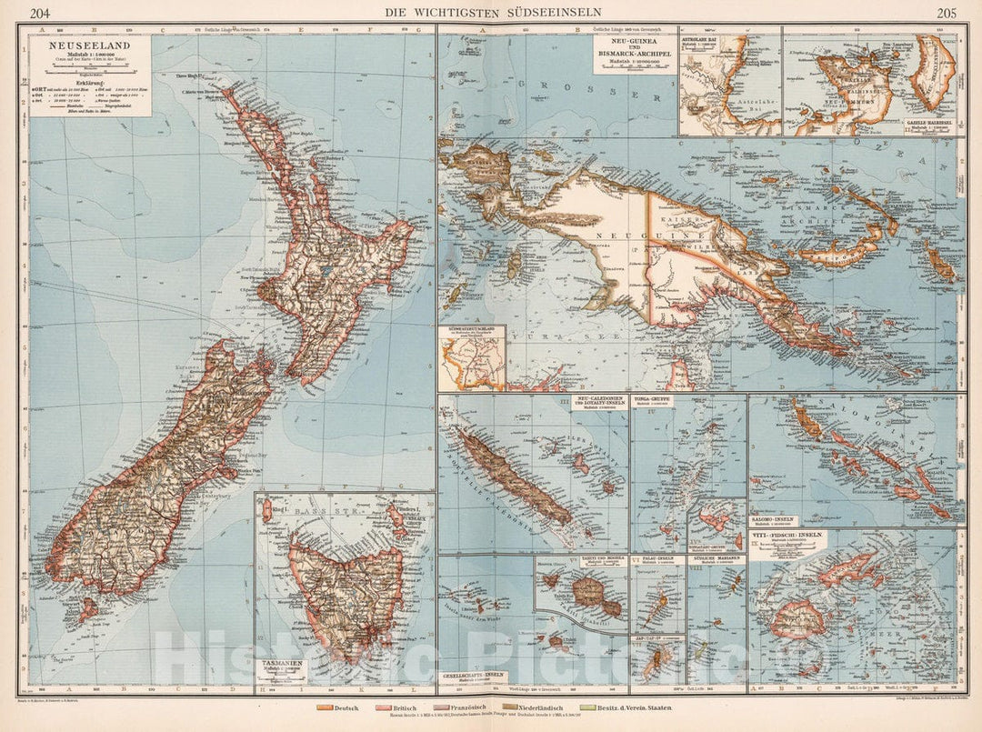 Historic Map : New Zealand; Guinea, 1905 Die Wichtigsten Sudseeinseln , Vintage Wall Art