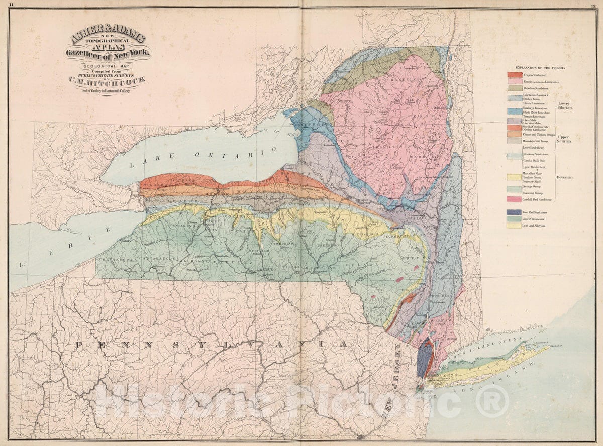 Historic Map : 1870 Asher & Adams' New York, Geological Map. - Vintage Wall Art