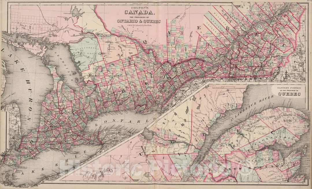 Historic Map : 1886 Canada. Provinces of Ontario and Quebec. - Vintage Wall Art