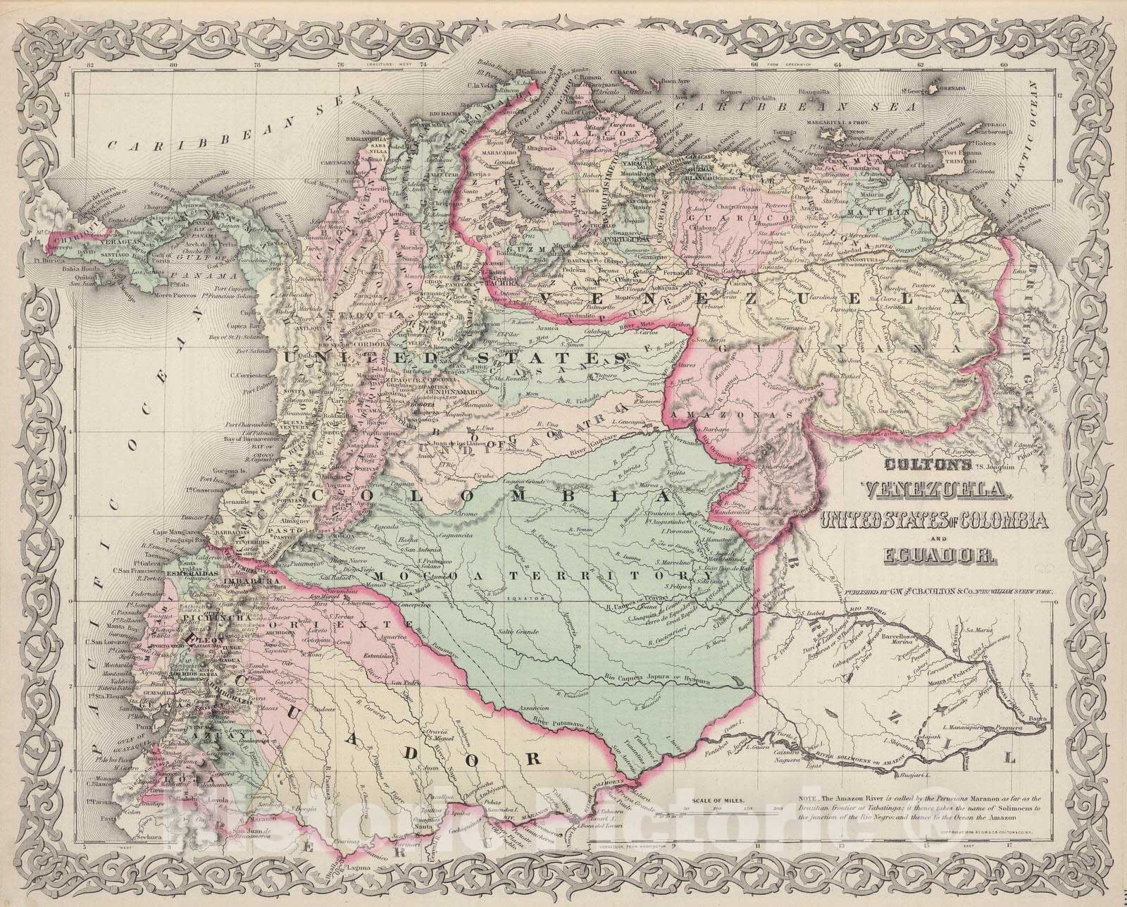 Historic Map : 1886 Venezuela, Colombia and Ecuador. - Vintage Wall Art