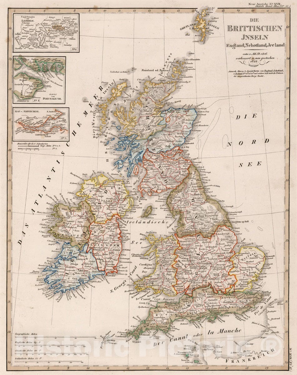 Historic Map : England; Scotland; Ireland; Wales, British Isles 1823 Die Brittischen Inseln. (British Isles). , Vintage Wall Art