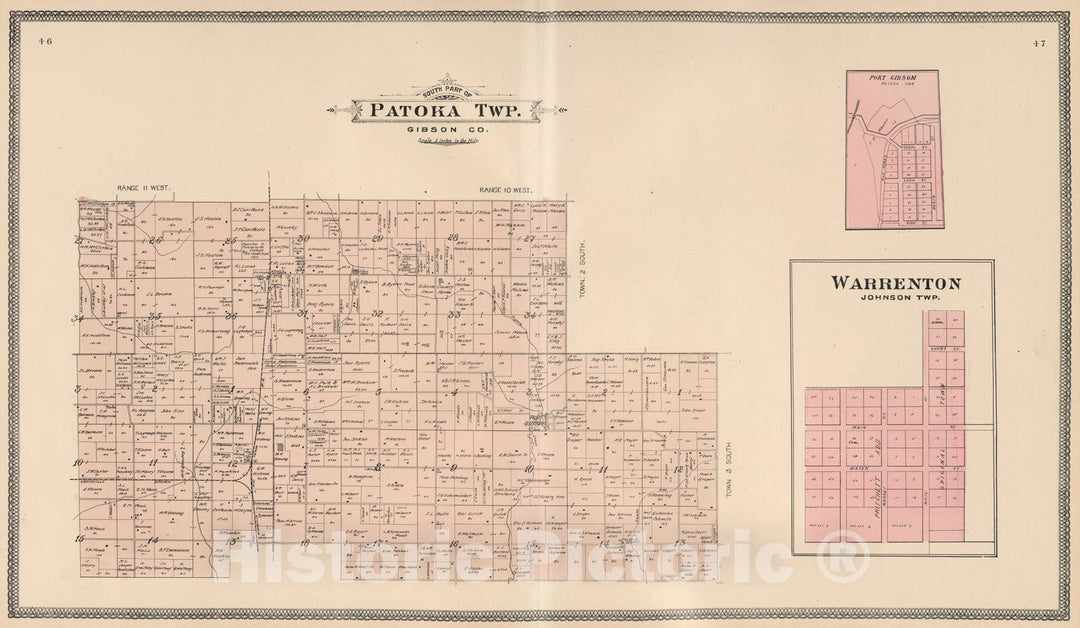 Historic Map : 1899 South Part of Patoka Township, Gibson County, Indiana. Warrenton. Port Gibson. - Vintage Wall Art