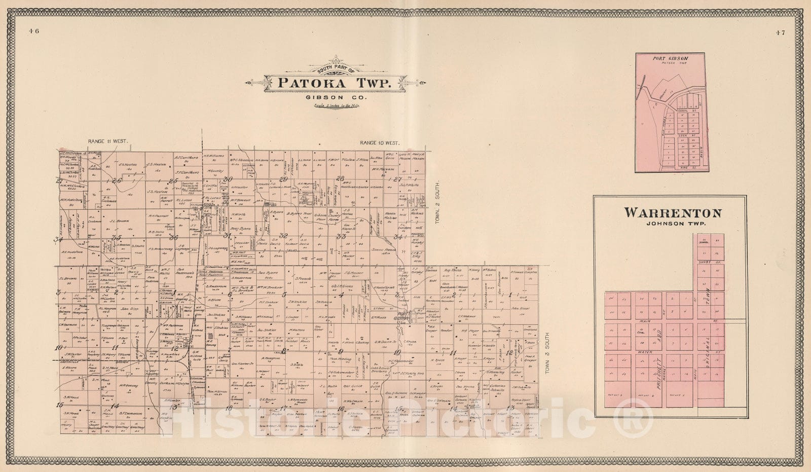 Historic Map : 1899 South Part of Patoka Township, Gibson County, Indiana. Warrenton. Port Gibson. - Vintage Wall Art