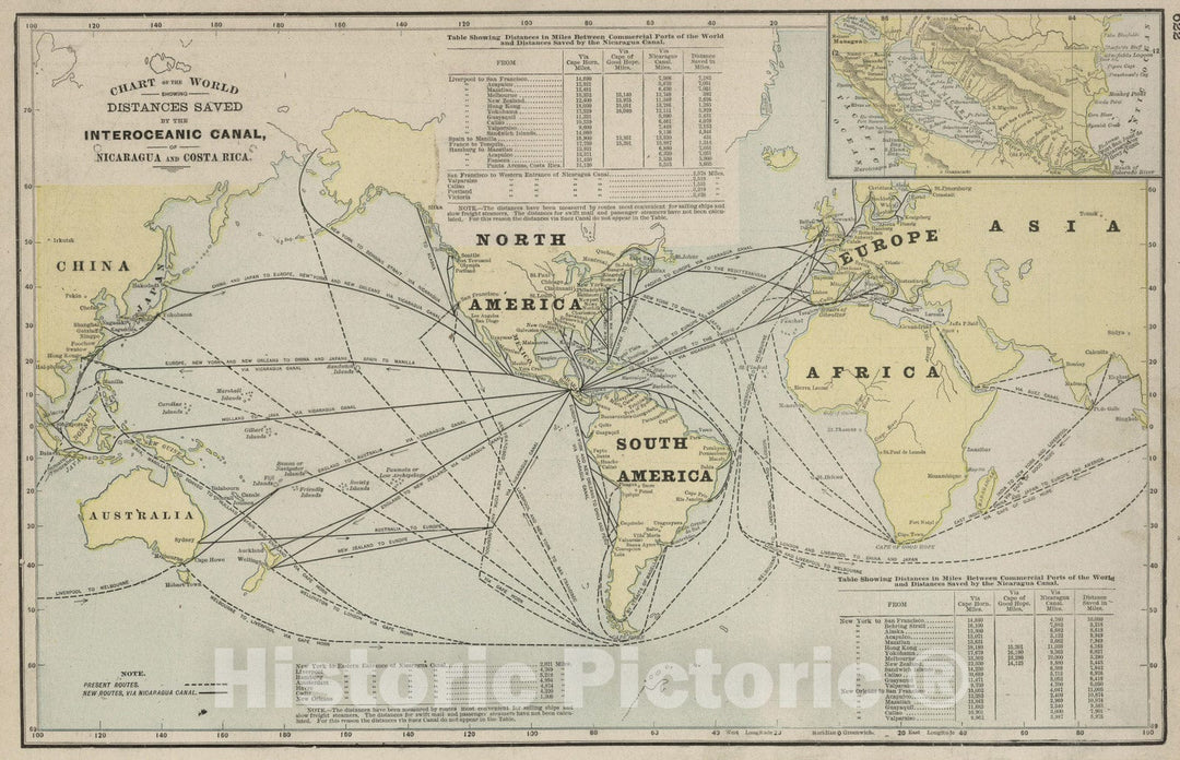 Historic Map : 1901 Distances Saved by the Interoceanic Canal, of Nicaragua and Costa Rica. - Vintage Wall Art