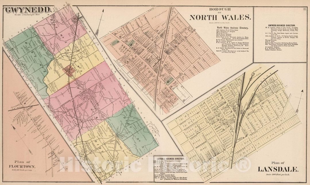 Historic Map : 1871 Gwynedd, Montomery County, Pennsylvania. Flourtown. North Wales. Lansdale. - Vintage Wall Art