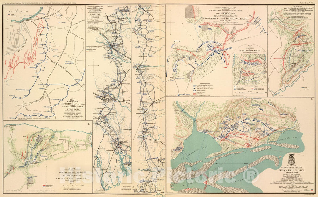 Historic Map : Military Atlas - 1895 Petersburg environs; Bentonville; Carolinas; Spanish Fort. - Vintage Wall Art