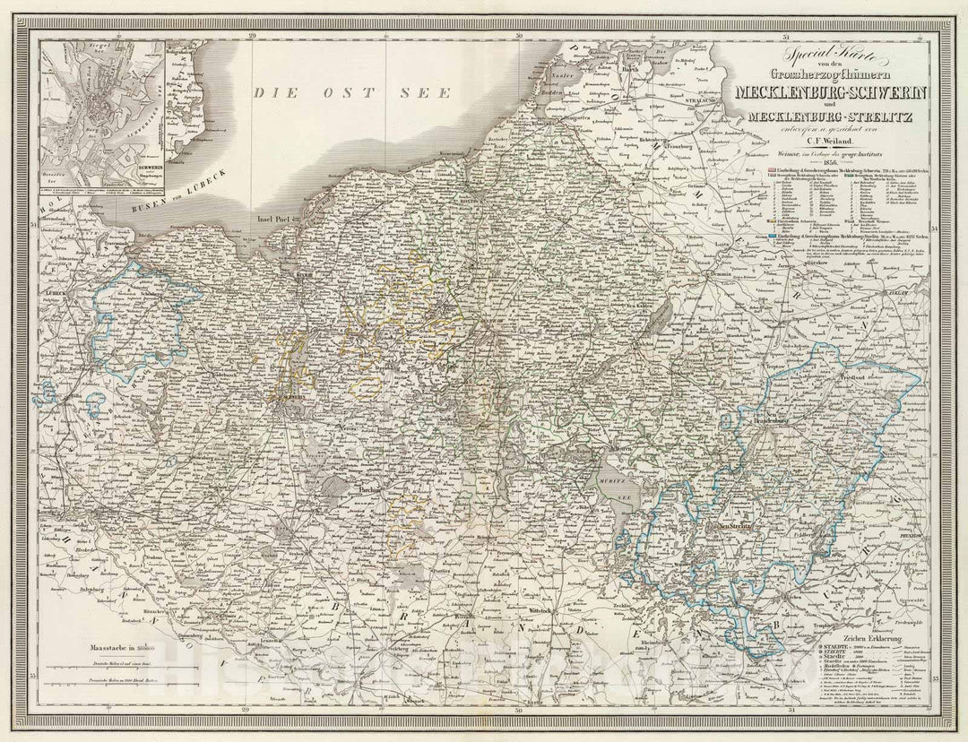 Historic Map : Germany, Schwerin Region (Mecklenburg-Vorpommern, Germany) 1856 Mecklenburg-Schwerin, Mecklenburg-Strelitz. , Vintage Wall Art