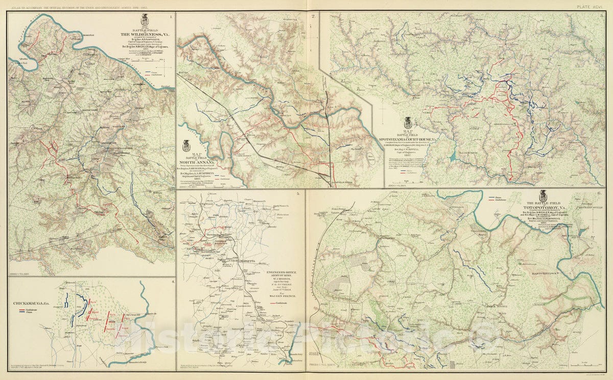 Historic Map : Military Atlas - 1895 The Wilderness, N. Anna, Spotsylvania C.H, Totopotomoy. - Vintage Wall Art