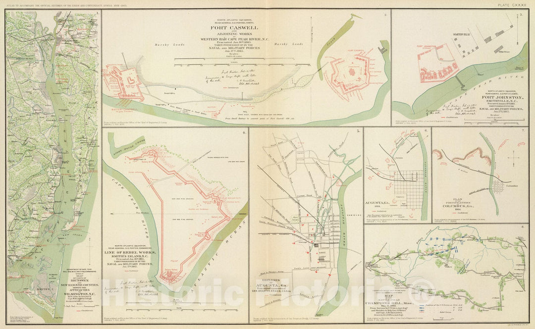 Historic Map : Military Atlas - 1895 Wilmington, Ft. Caswell, Smith's Island, Augusta. - Vintage Wall Art