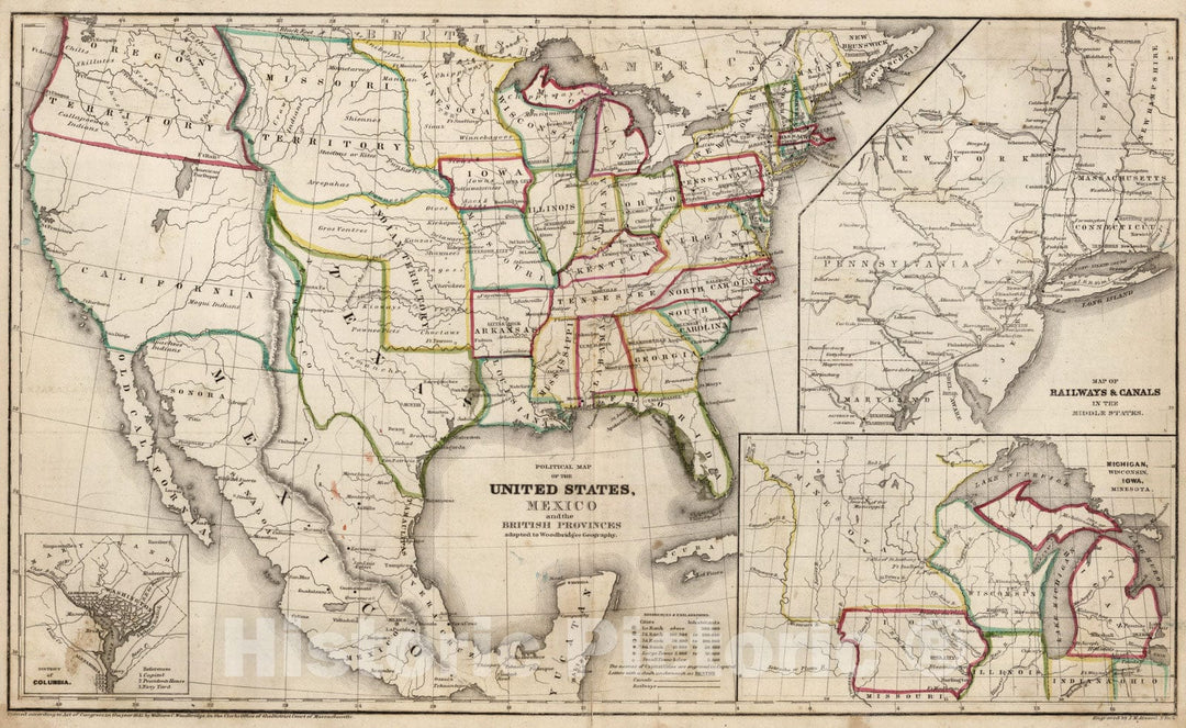 Historic Map : School Atlas - 1849 Political Map Of The United States, Mexico and British provinces - Vintage Wall Art