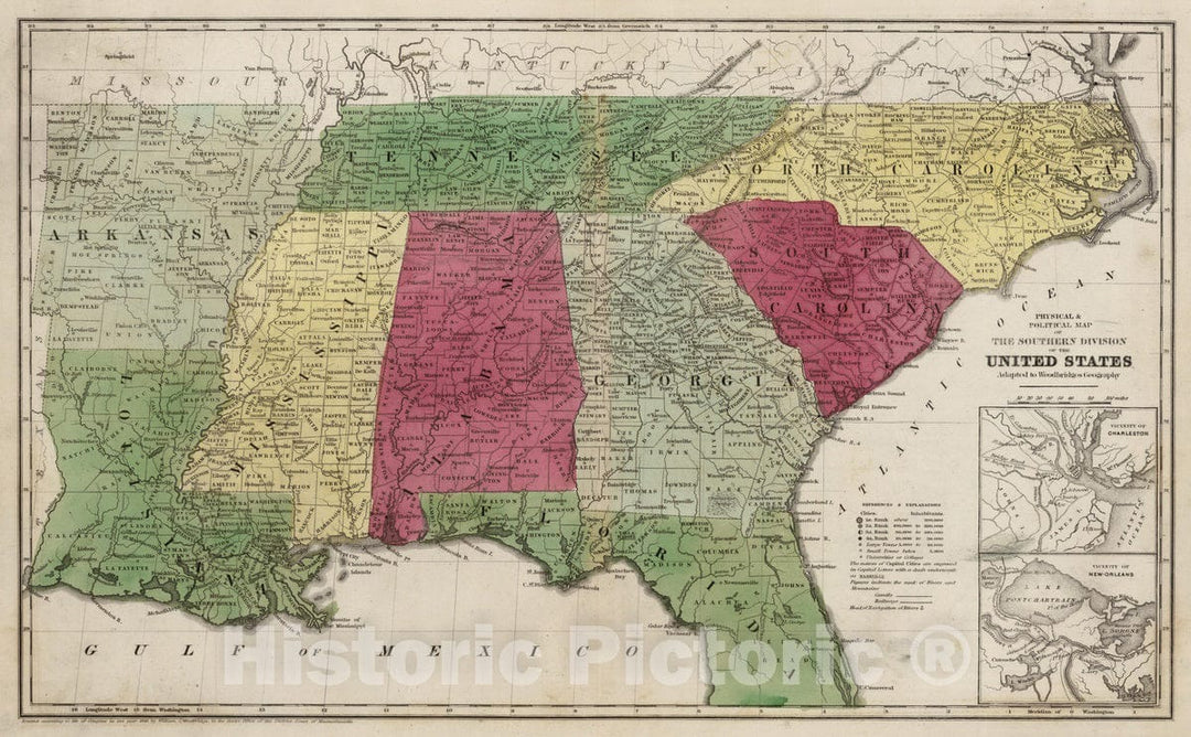 Historic Map : School Atlas - 1849 Physical & Political Map Of The Southern Division Of the United States - Vintage Wall Art