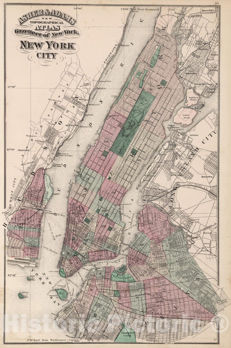 Historic Map : 1870 Asher & Adams' New York City. - Vintage Wall Art